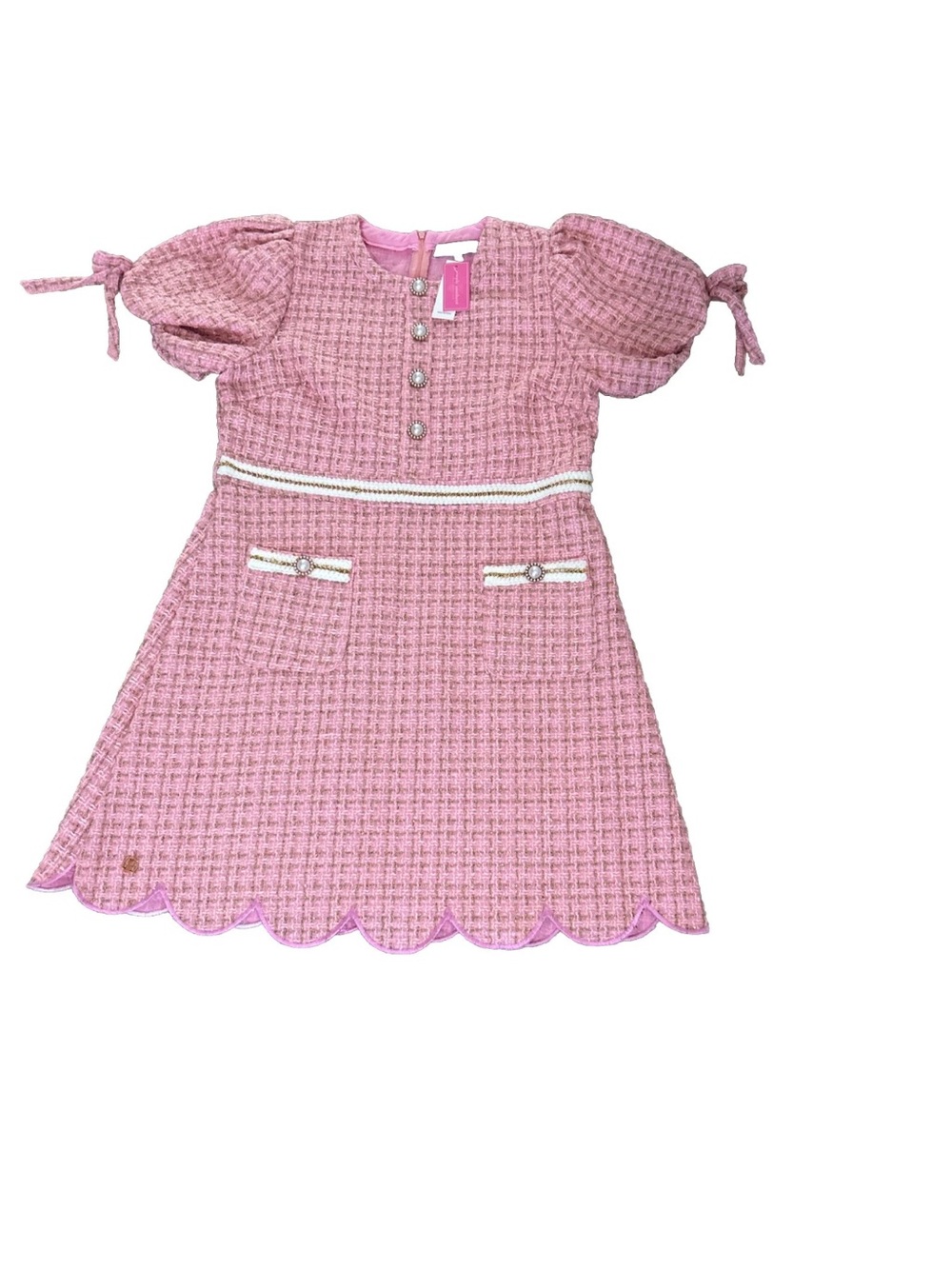 Simply Southern Women’s Pink Tweed Scalloped Dress Puff Sleeve Pearl Buttons L